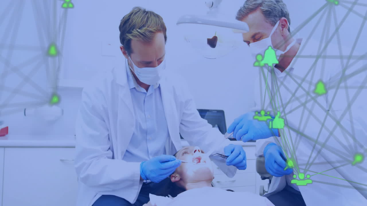 Animation of caucasian male dentists examining patient over network of connections with icons