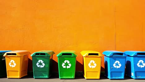 colorful recycling bins against an orange wall