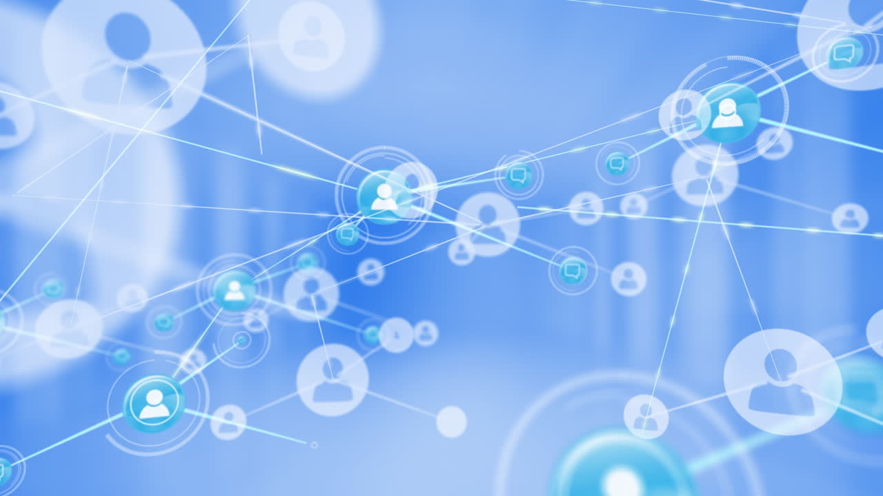 파란색 디지털 인터페이스의 점들을 연결하는 프로필 아이콘의 애니메이션