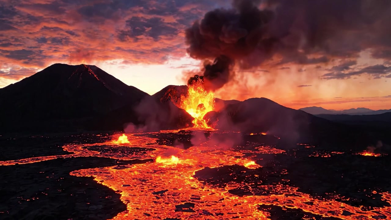 Uma Erupção Espetacular: Atividade Vulcânica Majestosa e Lava Fluindo Iluminam o Céu ao Entardecer, Criando uma Exibição Deslumbrante do Poder da Natureza