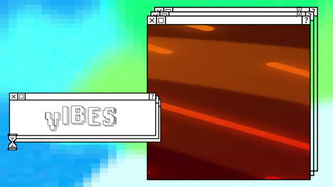 animation of vibes text and computer window screens with neon pattern