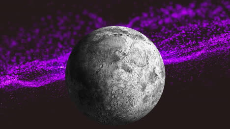 moon with craters and purple particles animation over dark background