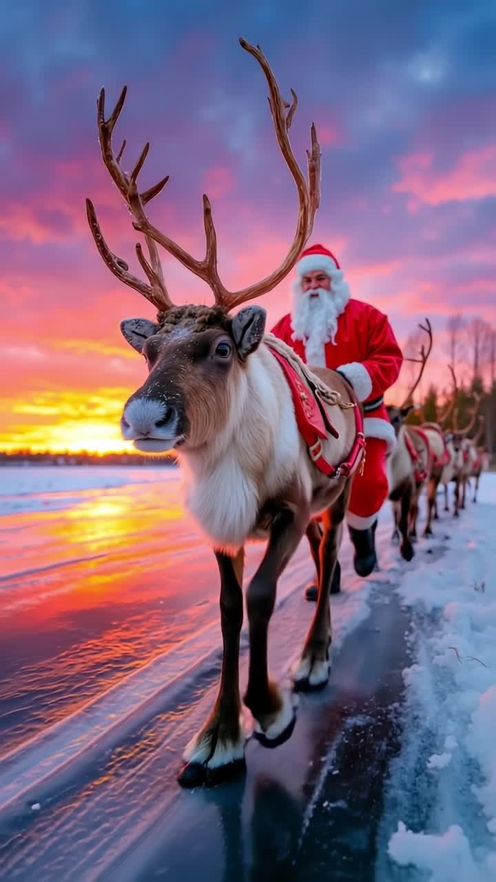 A santa claus riding on the back of a reindeer in the snow