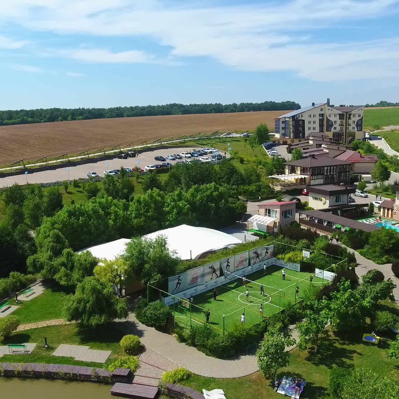 Nice and beautiful rural spa resort for comfortable rest and recreation. Well-kept green zone with pools, ponds and tennis courts. Drone footage