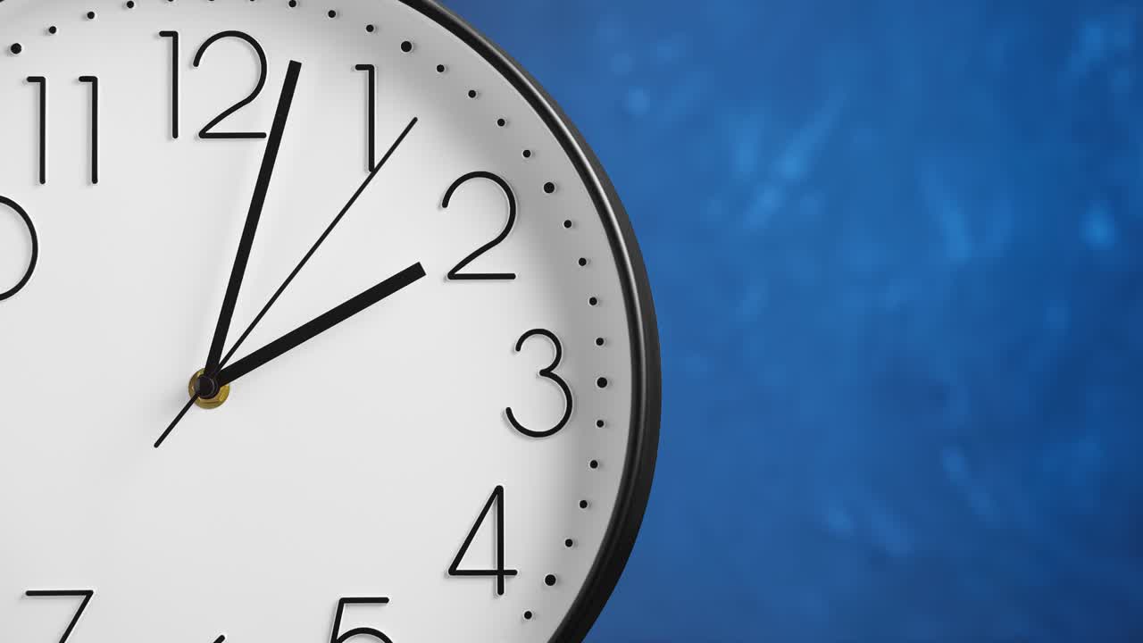 White wall clock on blue background. Time concept.