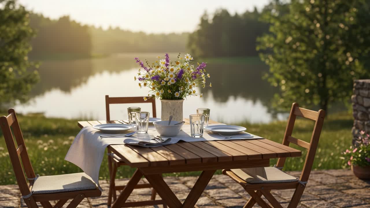 A Serene Outdoor Dining Setup with a Beautiful Floral Centerpiece Overlooking a Tranquil Lake at Sunset, Ideal for Relaxing Gatherings in Nature
