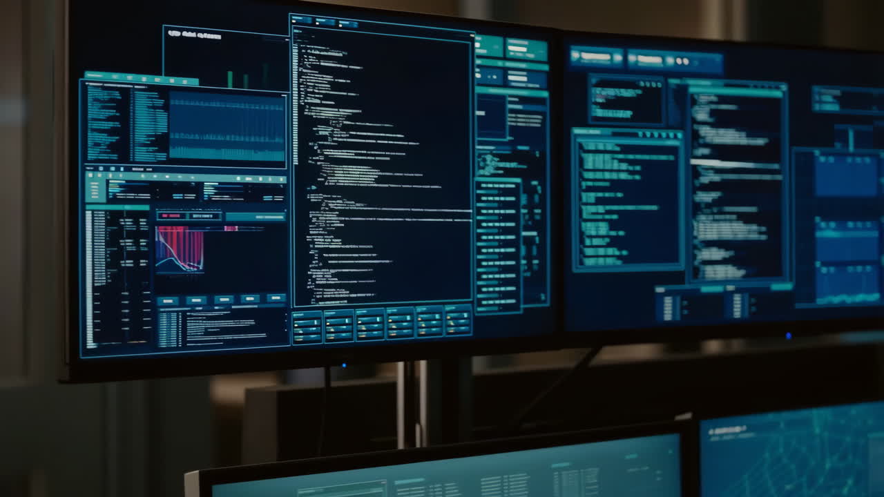 Multiple Monitors Displaying Cybersecurity Data and Code