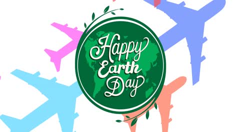 Animation-Von-„Happy-Earth-Day“-Text-Und-Globus-Logo-über-Bunten-Flugzeugen-Auf-Weißem-Hintergrund