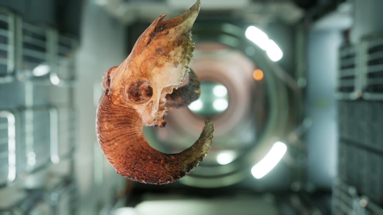 cráneo de carnero flotante en el corredor futurista