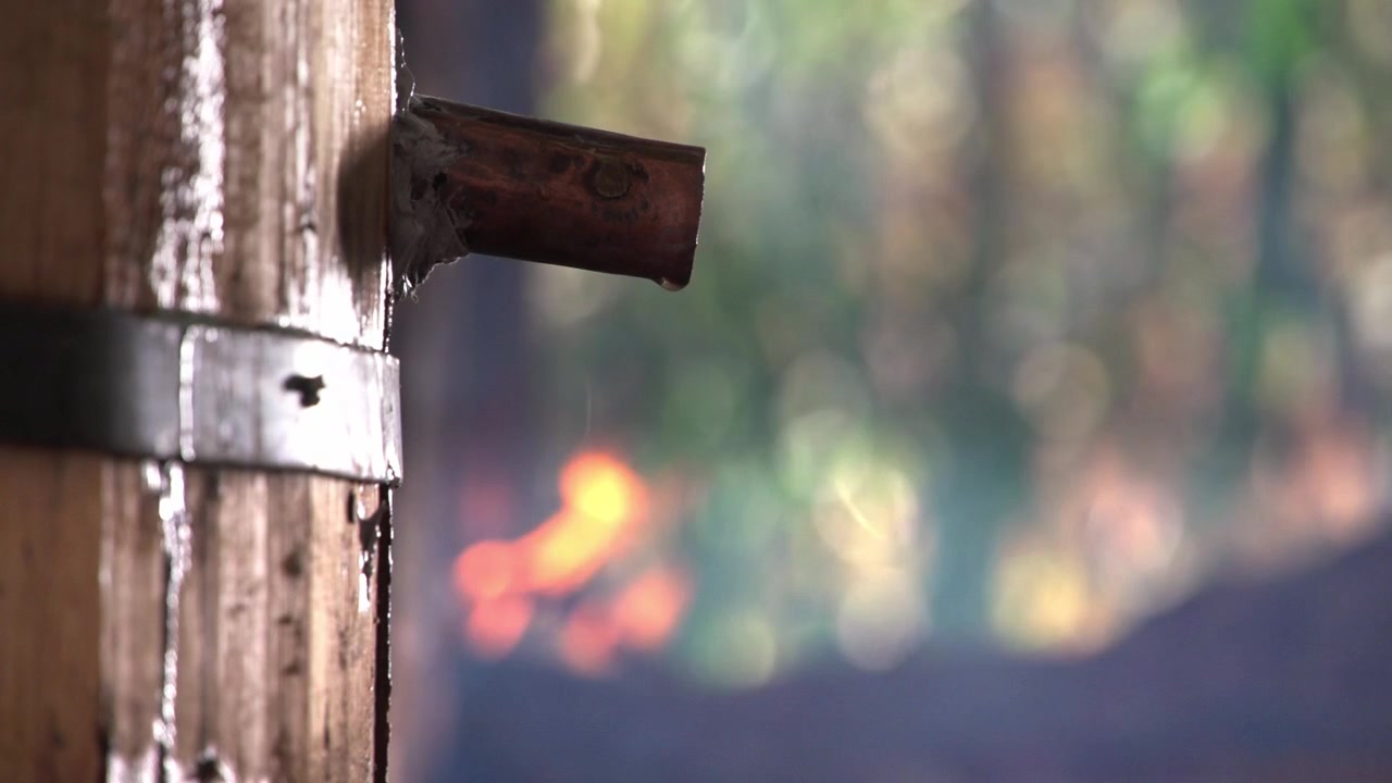 Cinematic close up shot of authentic Mexican mezcal slowly dripping from a rustic wooden barrel, with the warm, flickering flames of a traditional roasting fire blurred in the background