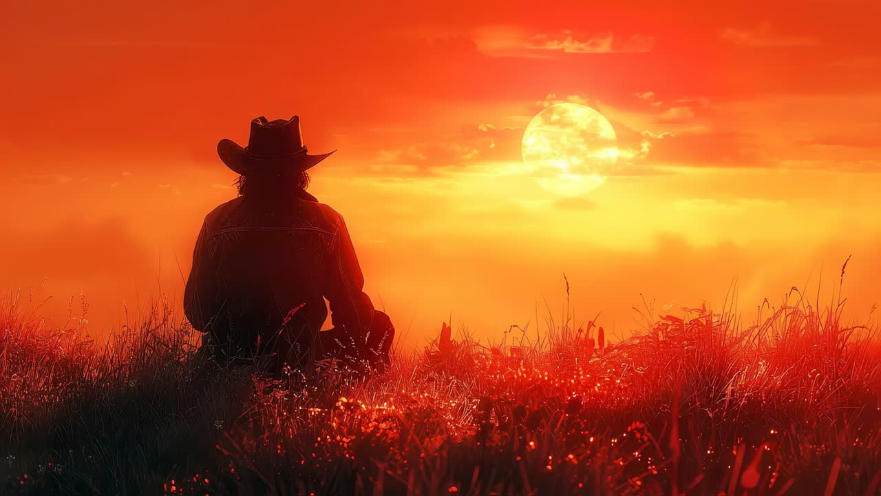 Cowboy enjoying sunset in the field. A cowboy sits peacefully in a grassy field, watching a beautiful sunset with vibrant orange and red hues