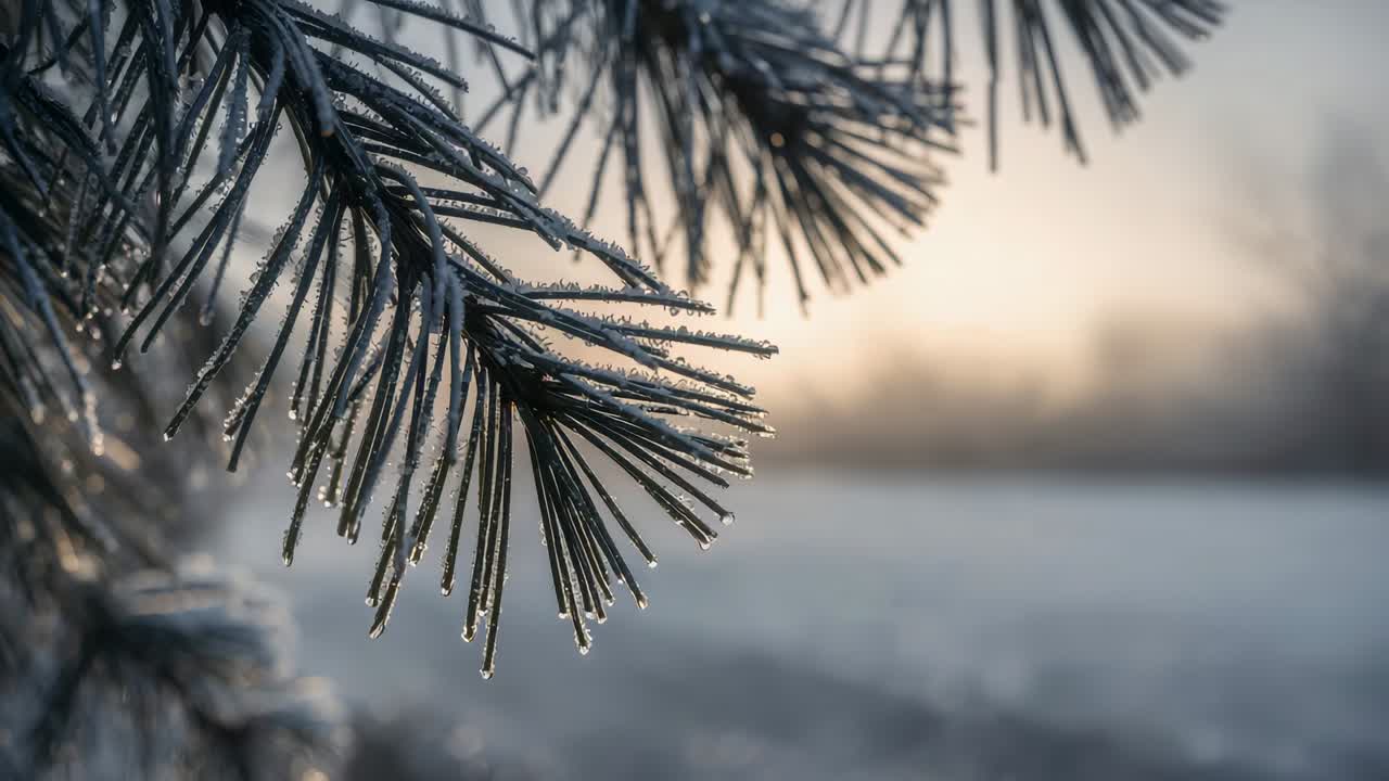 Framing frosted conifer branch showing droplets elongating at snowy field edge as sunrise warming