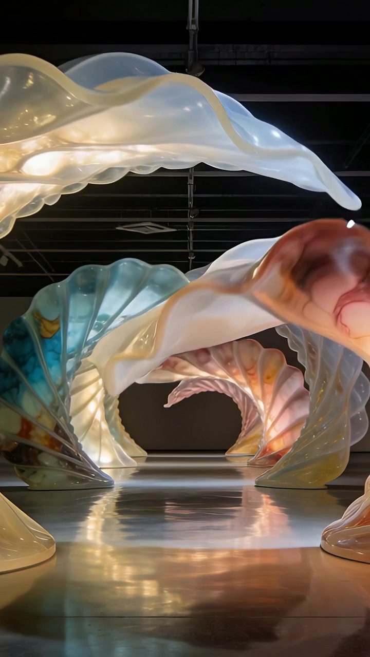Vertikal video: Feiende baldakinpaneler avslører spiralskulptur i galleri, eksponerer lagdelte fargetoner