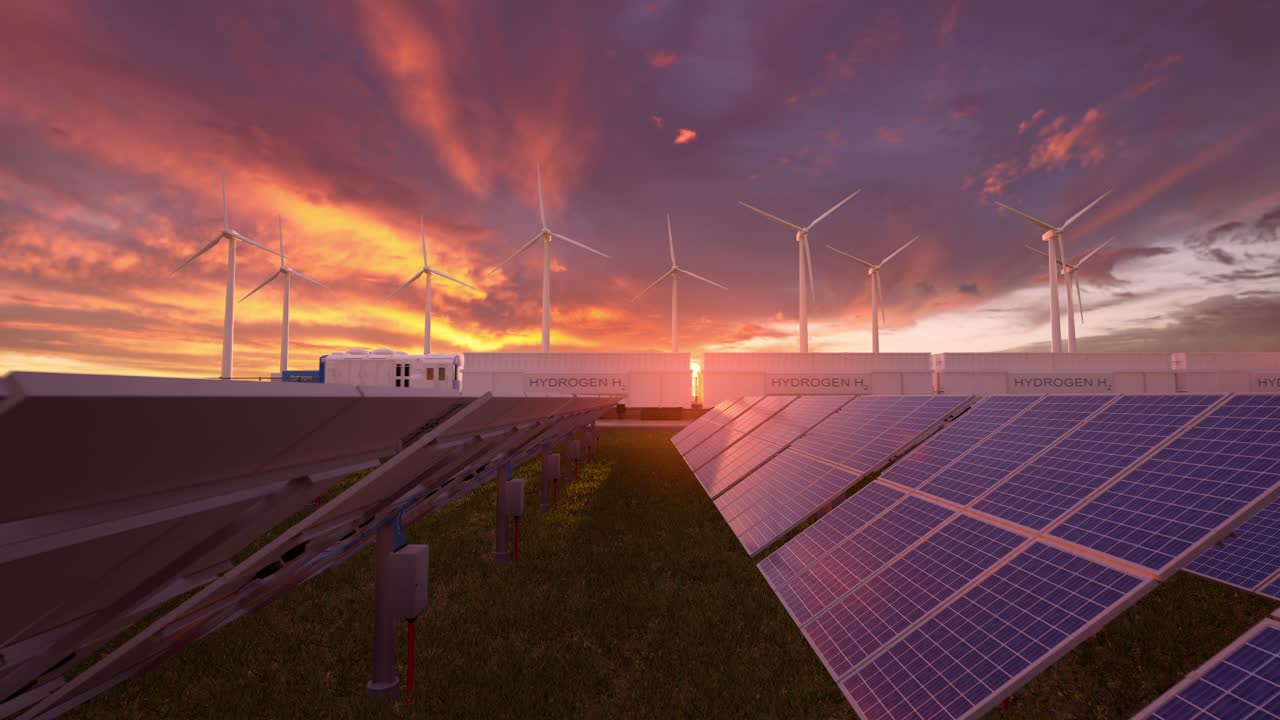 Hub energetico rinnovabile, produzione di idrogeno con pannelli solari e turbine eoliche al tramonto