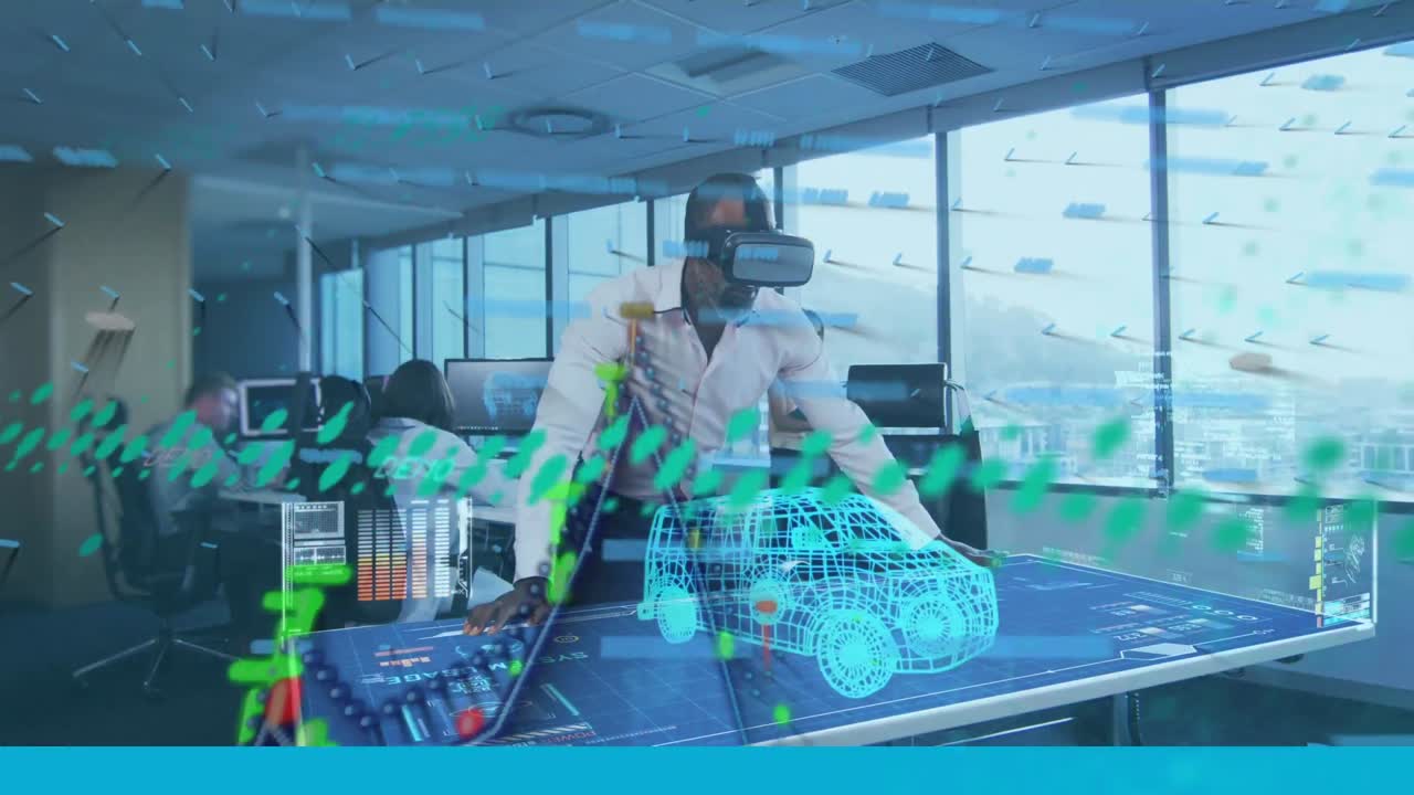 Animation of financial graphs and car project over african american man in vr headset in office