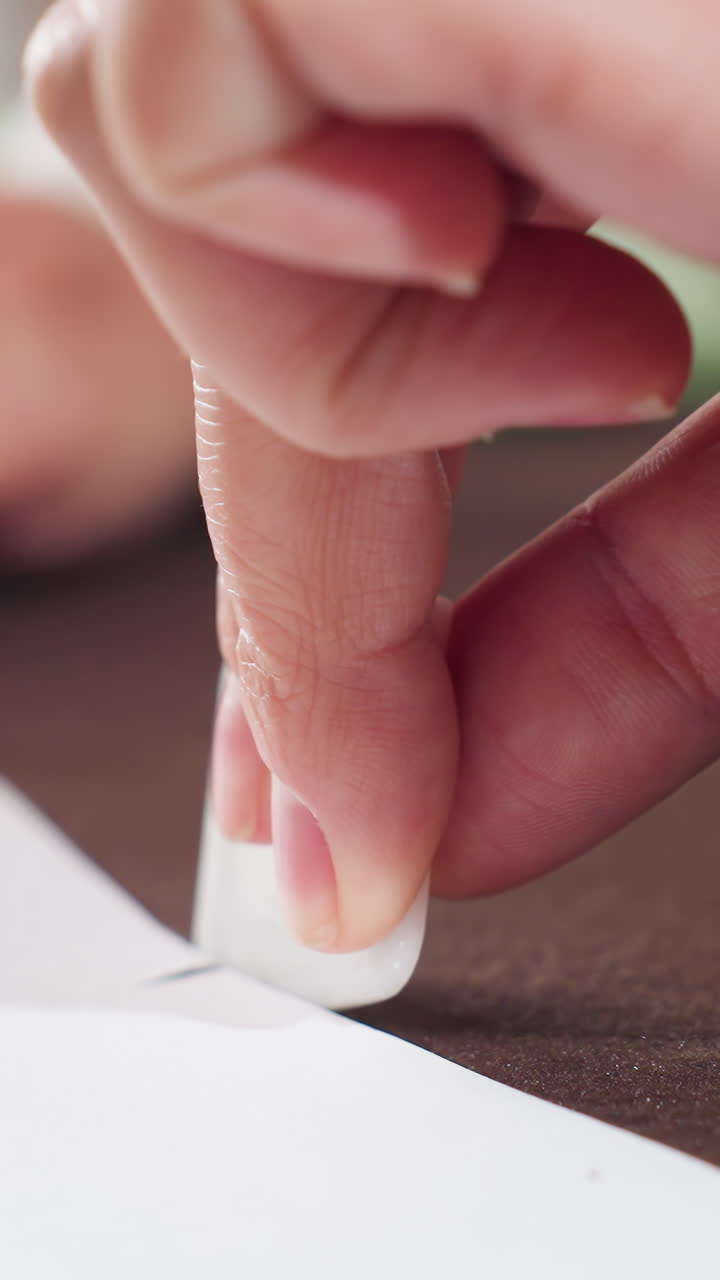 Detailed sewing preparation, Preparing fabric with chalk marks, Closeup of hands marking fabric for sewing project, Closeup of fingers applying chalk along fabric seams for sewing precision