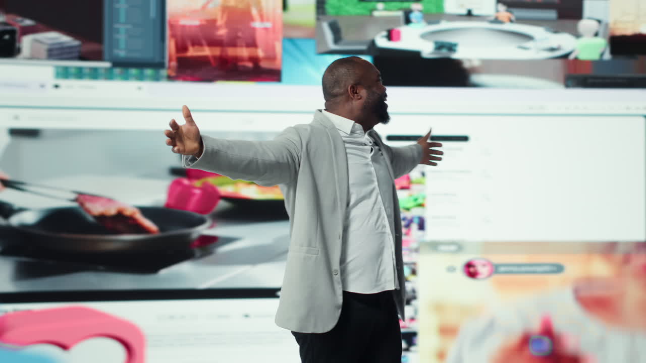 Vertical video Ecstatic viewer celebrating freedom of unlimited video content in virtual space