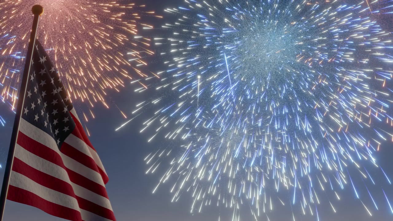 A United States flag waves in the night sky in front of New Year's fireworks