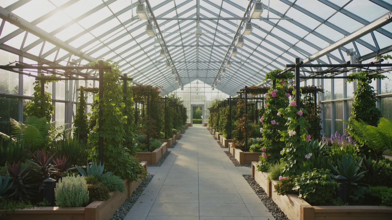 Shifting sunlight and camera moving along central path under glass roof, planters