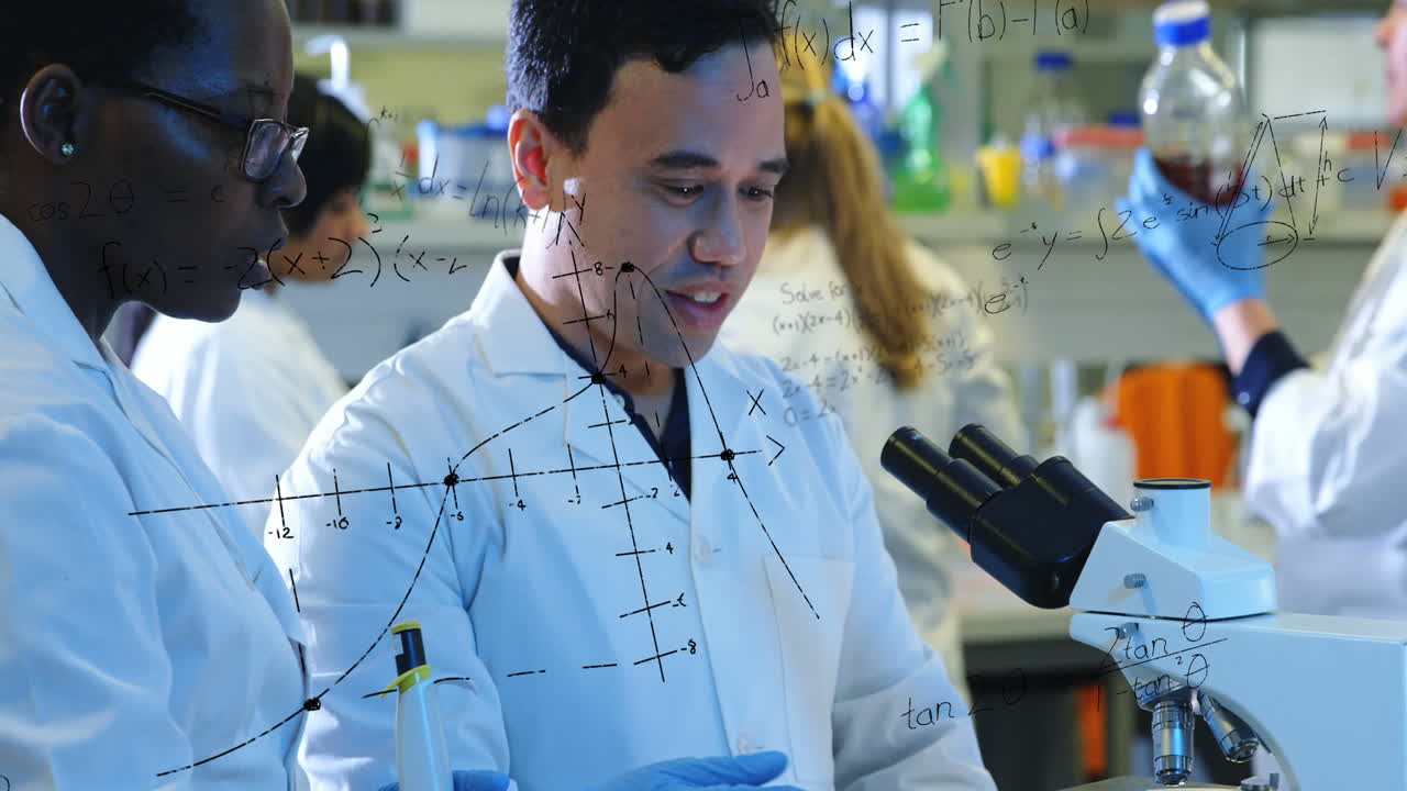 animación de ecuaciones matemáticas sobre un grupo de científicos diversos en el laboratorio