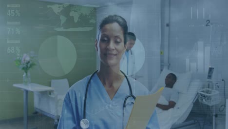 Animation-of-infographic-interface,-smiling-biracial-female-doctor-with-notepad-standing-in-hospital