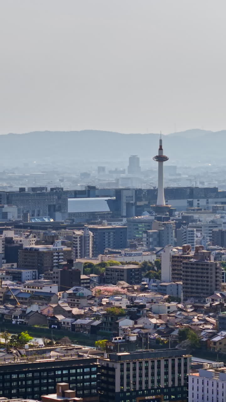 Aerial drone view of Kyoto, Japan in daylight