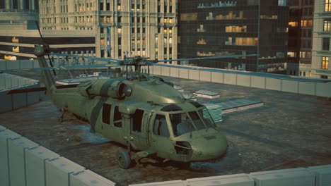 helicopter on rooftop in urban setting during twilight hours