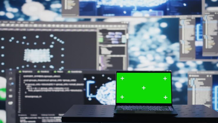 PC che mostra il display chroma key accanto al sistema di reti neurali AI
