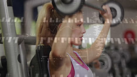 female athlete lifting weights in gym, displaying animated bar charts line graphs and data grids