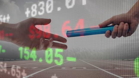 Stock-market-data-processing-against-close-up-of-hand-passing-a-baton-against-sports-field