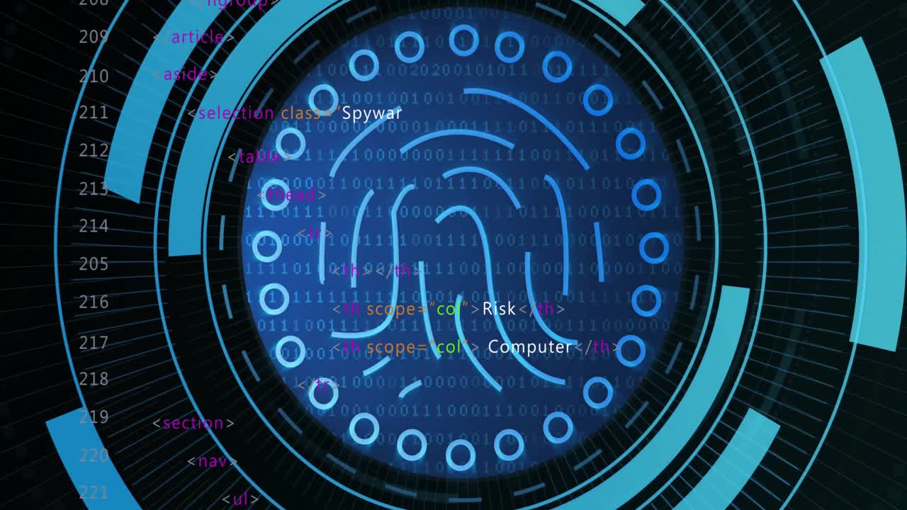 UI showing HTML code fading into HUD with fingerprint, rings and links pulsing for cyber security