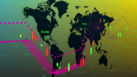 Animación-Del-Procesamiento-De-Datos-Financieros-Sobre-El-Mapa-Mundial-Contra-Un-Fondo-Degradado