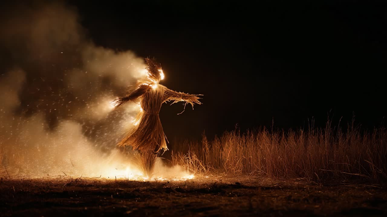 A Striking Scene of a Straw Figure Ablaze, Surrounded by a Fiery Glow and Sparks, Creating a Mystical Atmosphere in the Darkened Wilderness