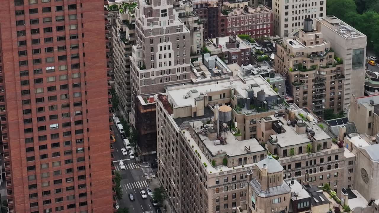 Aerial view of urban buildings in New York City captured by drone
