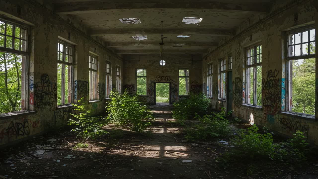 An Abandoned Room Revealed: A Forgotten Space Overrun by Nature, Echoing Past Memories Captured in Two Frames, Showcasing Decaying Beauty within Walls of History