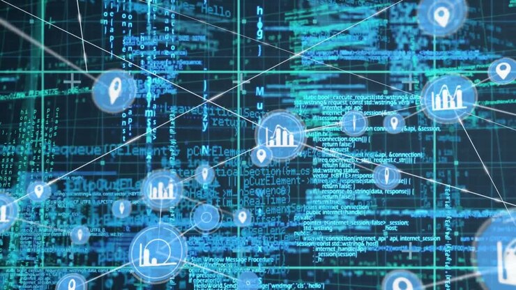 Animation af netværk af digitale ikoner og databehandling på blå baggrund