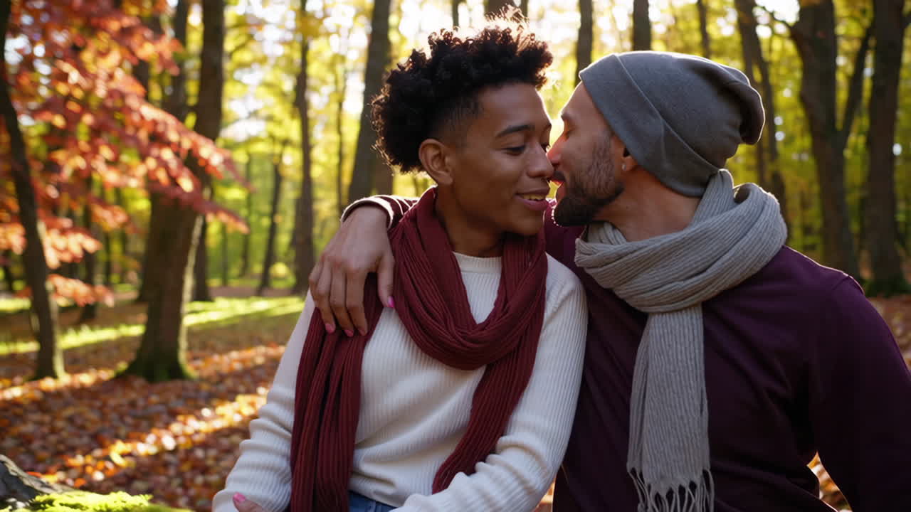 Romantic Couple in Golden Autumn Forest
