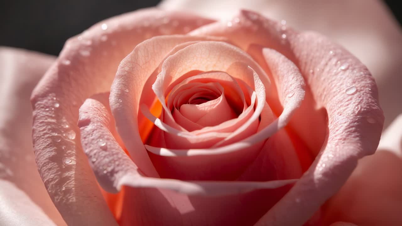 Kamera trekkes tilbake, makrolinse som avslører blekrosa rose ved studiobordplate, viser dugg for detaljer