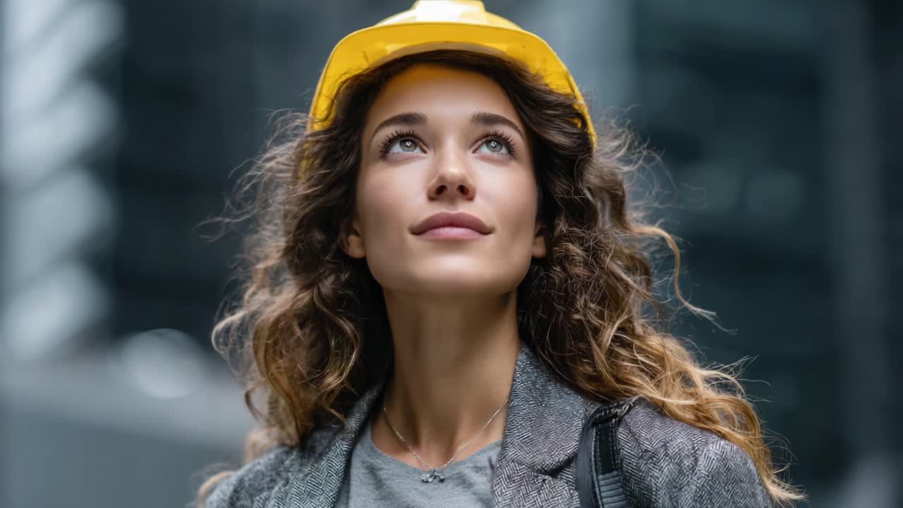 A Confident Woman in a Construction Helmet Gazes Upwards, Embodying Empowerment and Determination in an Urban Environment
