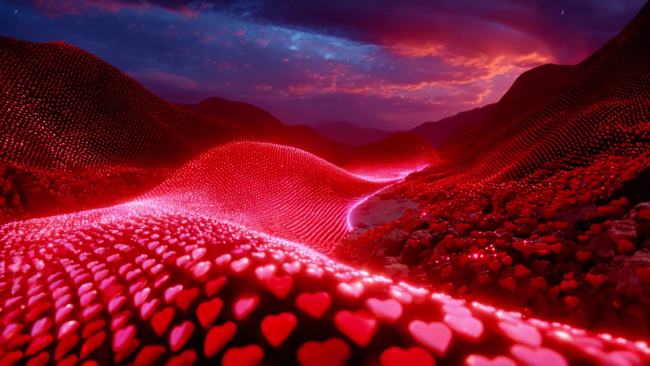 A breathtaking panorama of a surreal landscape illuminated by vibrant red glowing hearts across rolling hills, set against a stunning twilight sky, evoking feelings of love, warmth, and tranquility