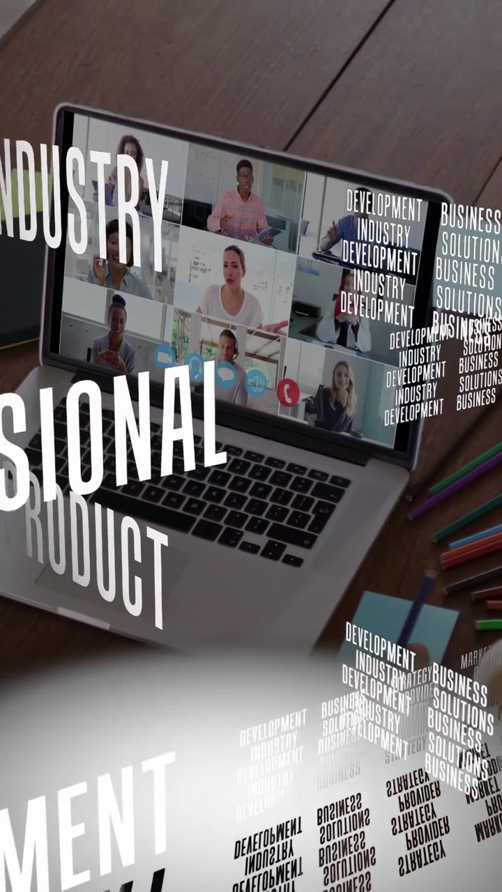 Vertical video: Desk user tapping phone, business terms sliding over laptop grid, guiding strategy