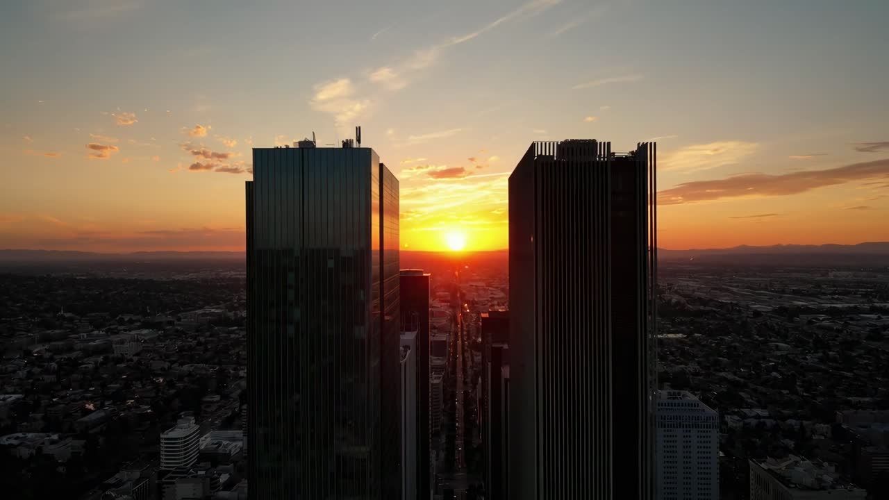 Video aereo di grattacieli al tramonto, che cattura uno skyline spettacolare con una ripresa dal basso
