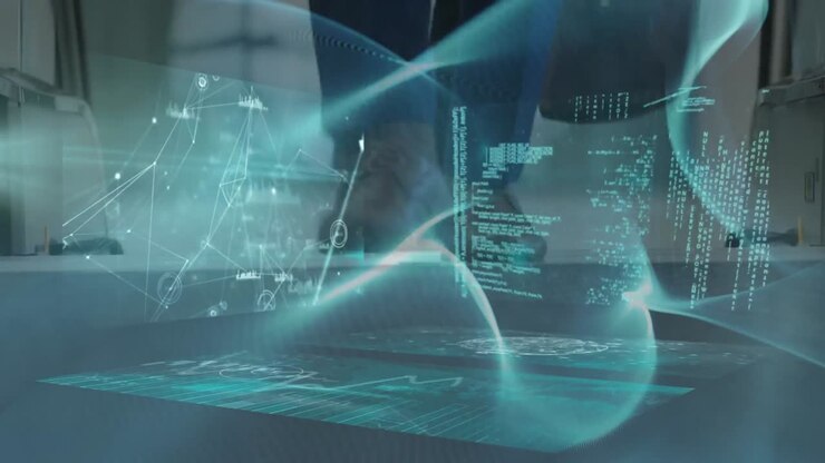 Multiple screens with data processing against low section of businesspeople on escalator