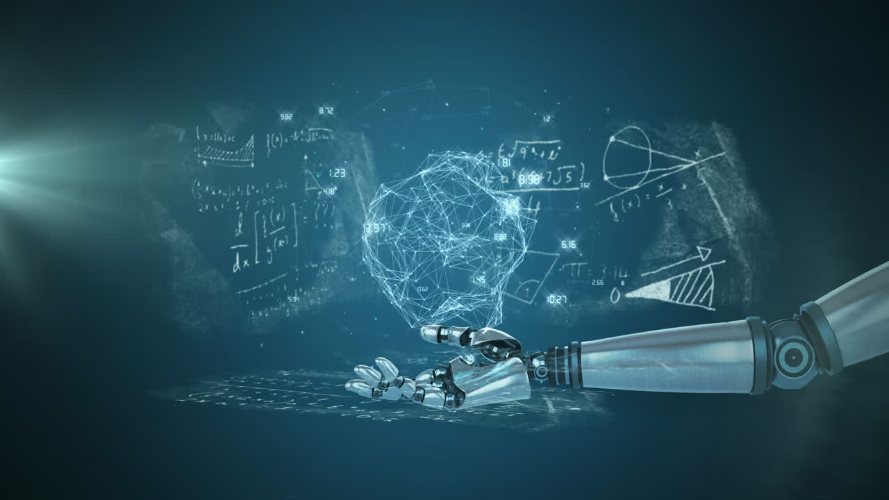 파란색 배경의 수학 방정식에 대한 로 ⁇  손에 대한 연결 네트워크의 지구