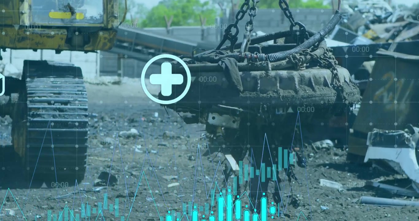 Animation of financial data processing over landfill site