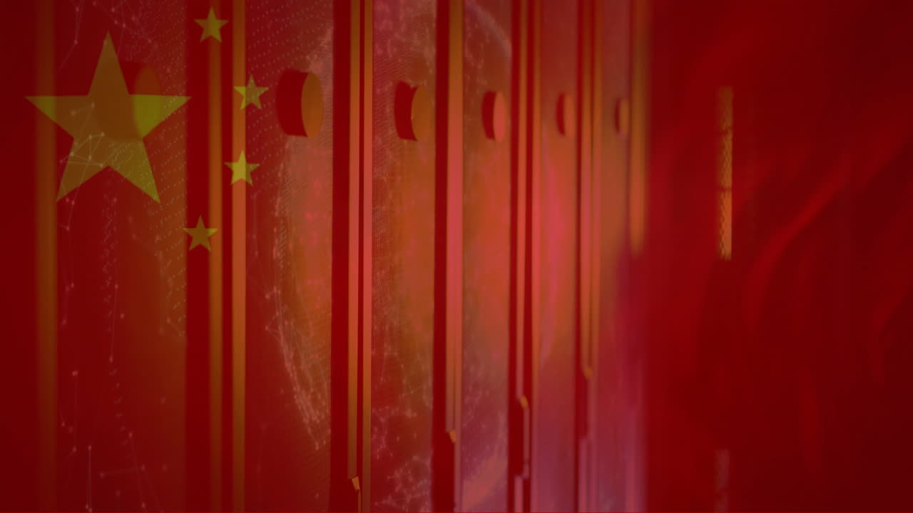 animación de la bandera de china y procesamiento de datos digitales a través de servidores informáticos
