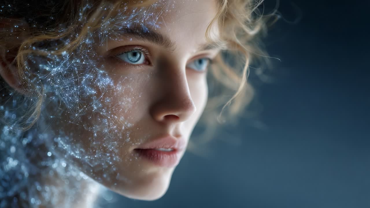Ritratto etereo di una giovane donna con particelle luminose che le circondano il viso, che mostra una fusione di bellezza umana e arte digitale in una composizione onirica