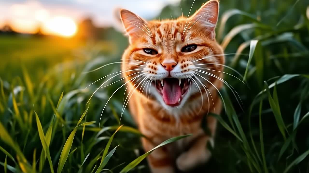 A cat yawning in a field of tall grass