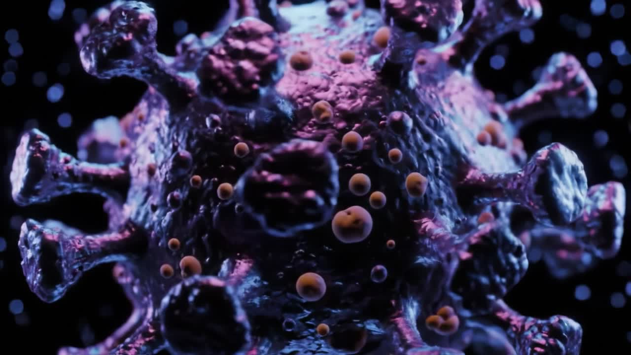 Intricate 3D Visualization of a Virus Structure with Microscopic Details Highlighting Surface Features and Molecular Components Under a Dark Background