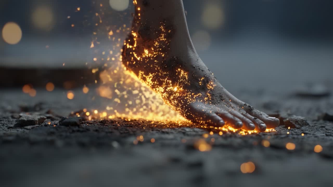 A Captivating Moment: The Foot Glowing With Sparks, Illuminating the Ground with Radiant Energy and Creating a Mesmerizing Scene of Dynamic Motion
